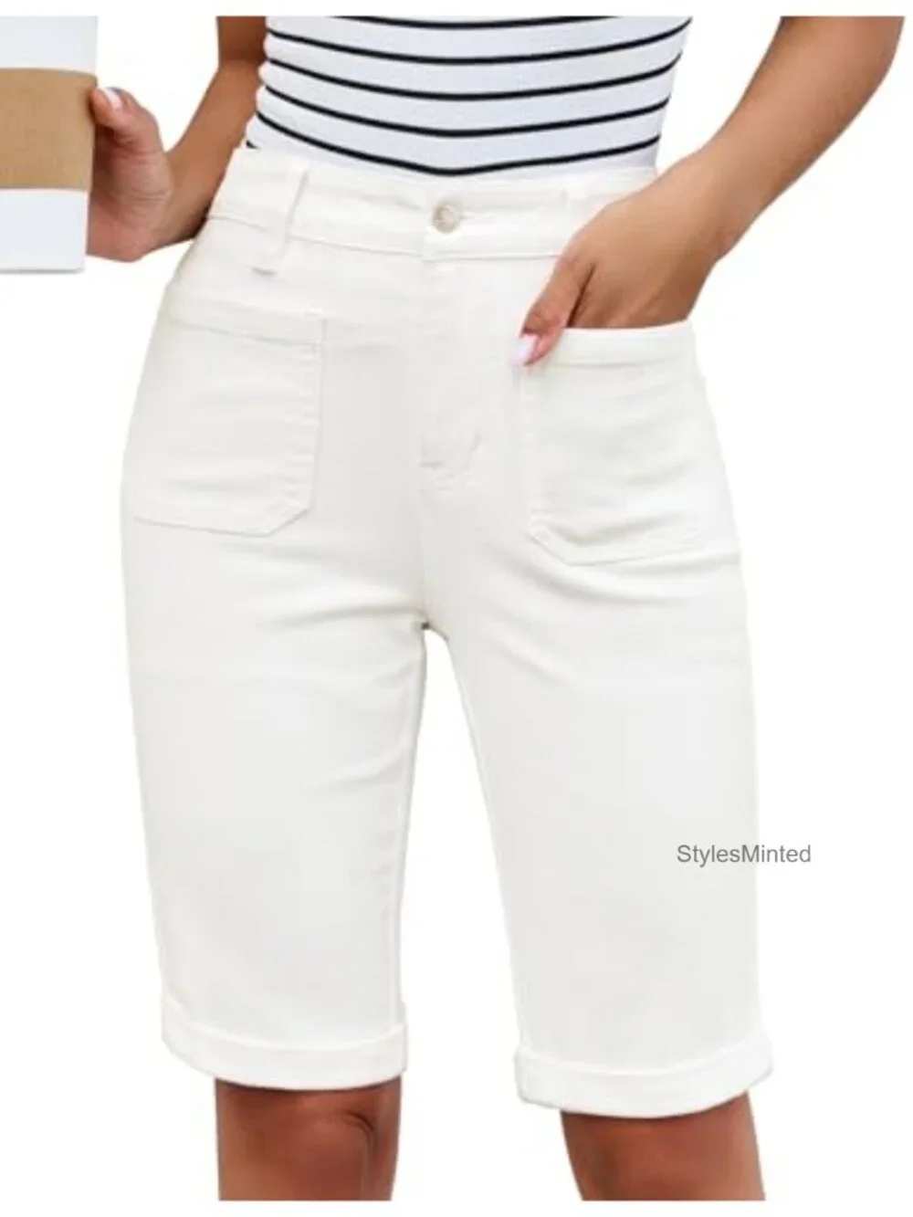 High Waisted Bermuda Shorts Knee Length Fold Hem Stretchy Denim Long Shorts